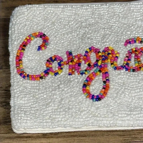 NWOT Congrats Multi Color Beaded Coin Zippered Pouch Bag Purse Shirdee - Picture 3 of 8